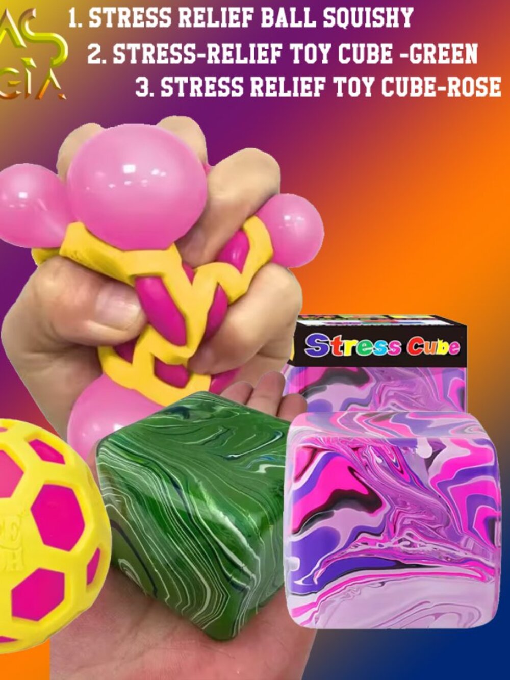 3 Pcs STRESS RELIEF SQUEEZE TOYS - ~2.1 x2.1x2.1 INCHES